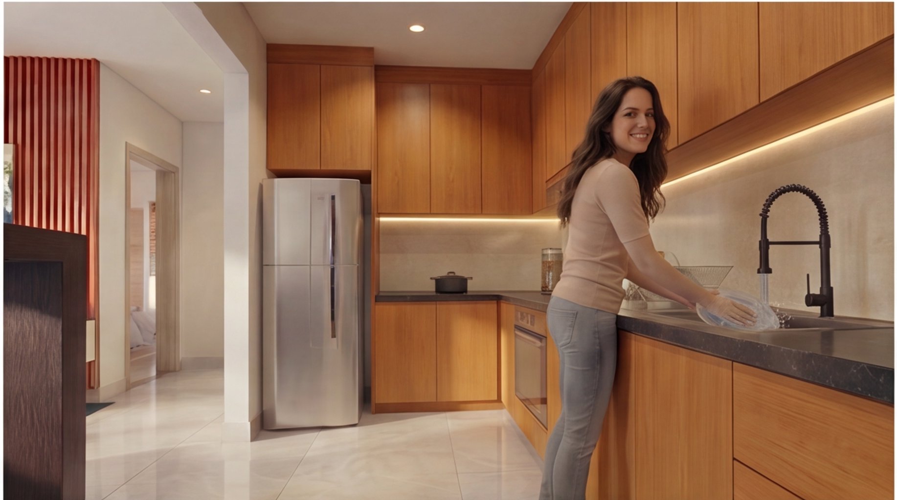 Ambientação ilustrativa da cozinha em tons neutros